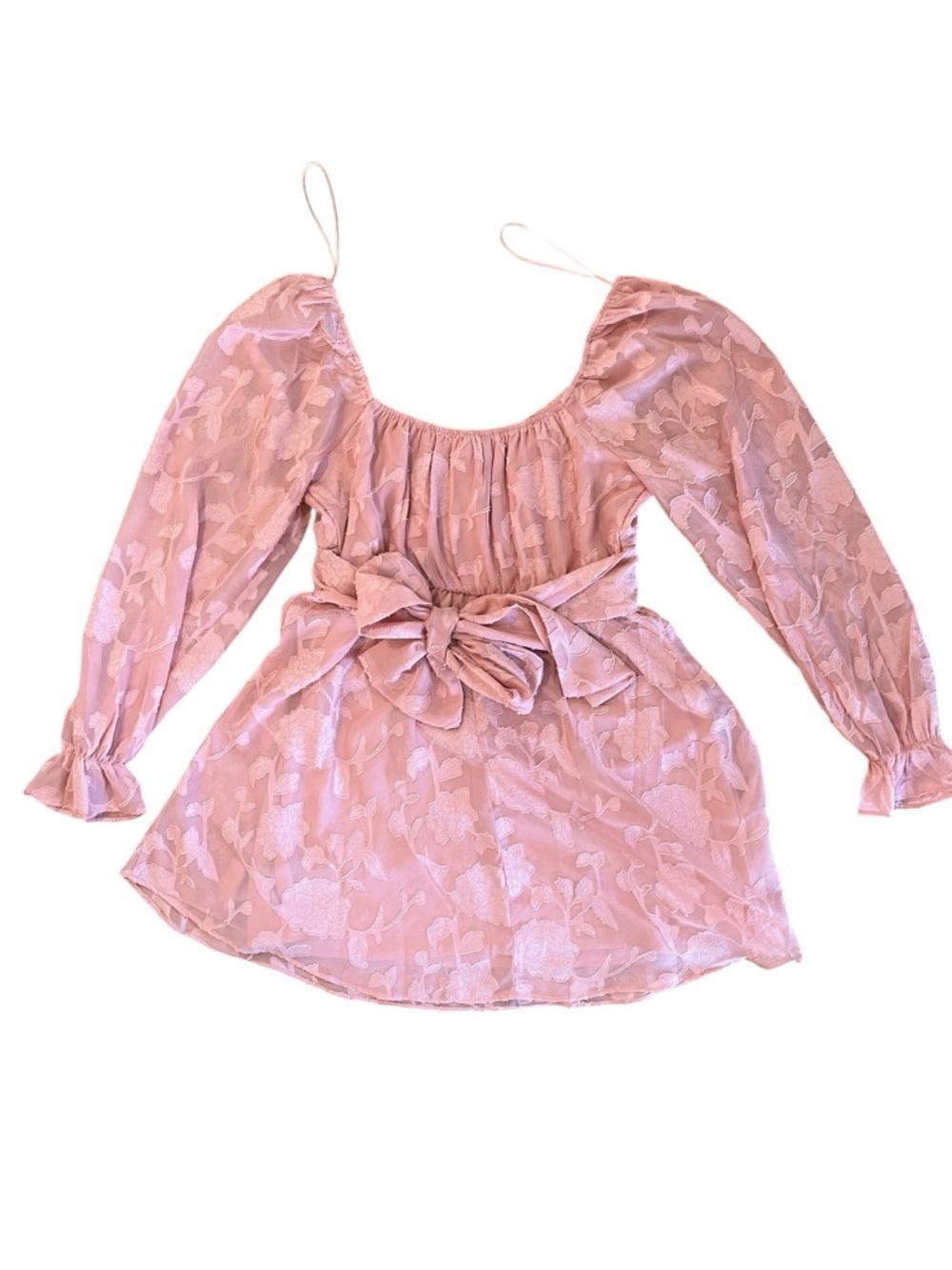 Thirty/Thirty Pink Flirty Textured Coquette Sweetheart Flowy Short Tie Bow Dress - Picture 3 of 10